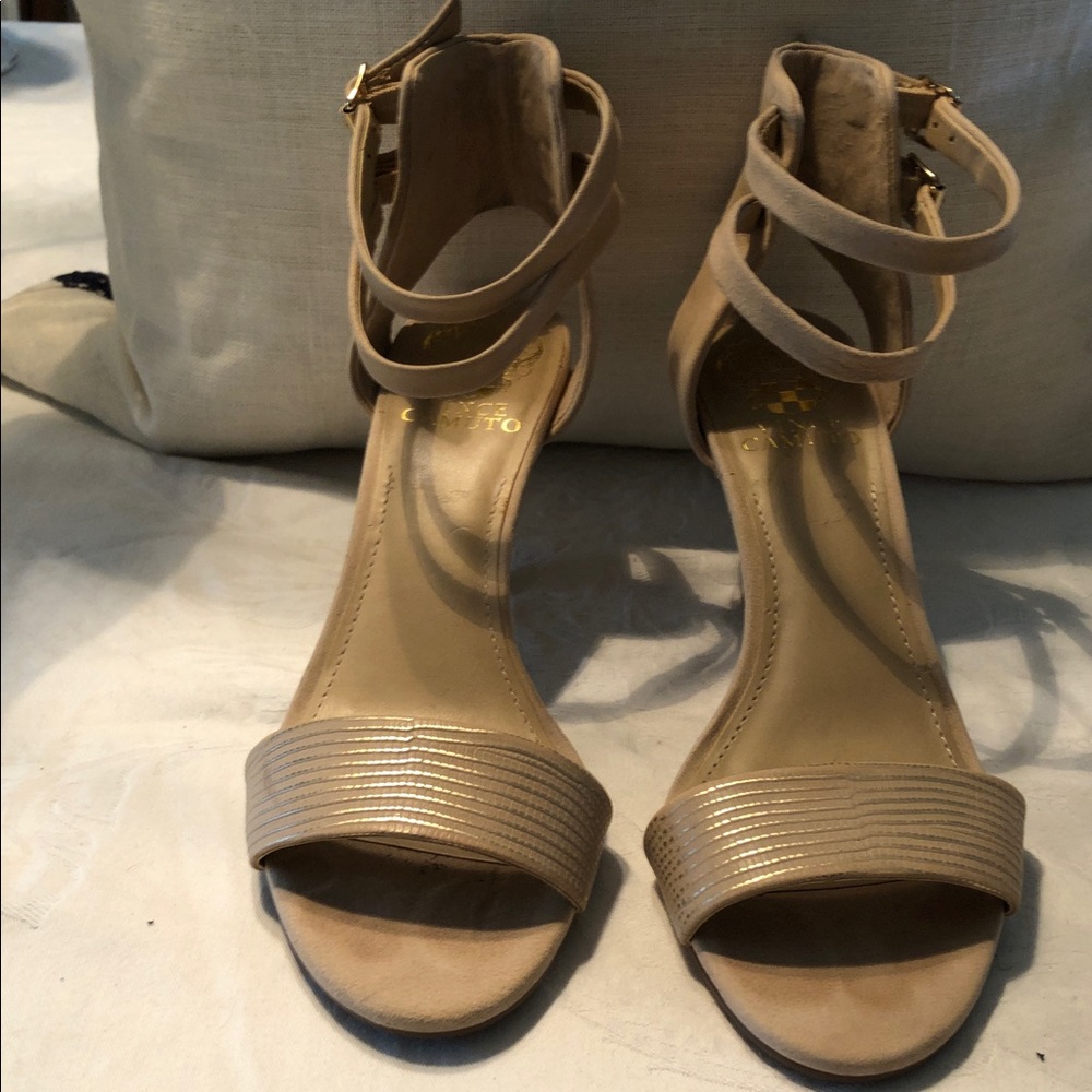 Vince Camuto Strappy Open-Toe Heels in Tan